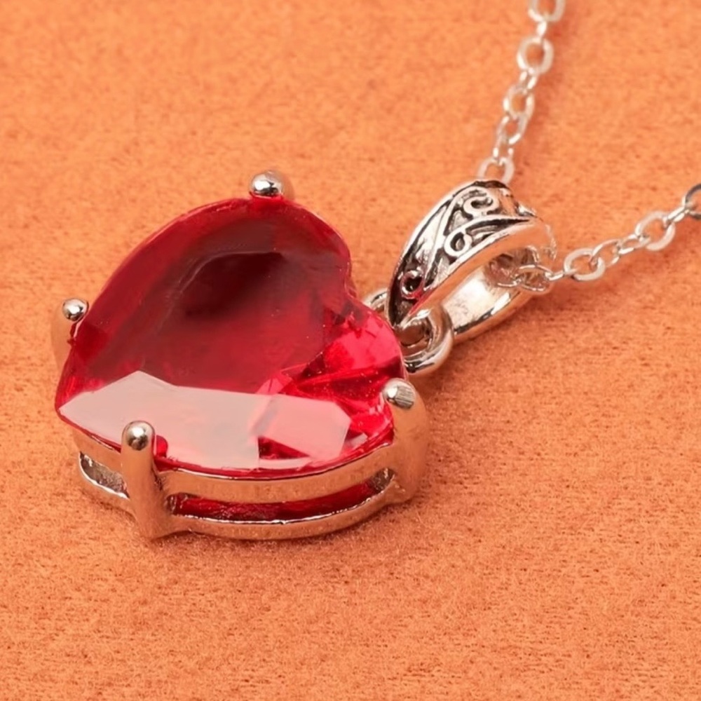 Silver Heart Pendant Necklace with Red Crystal